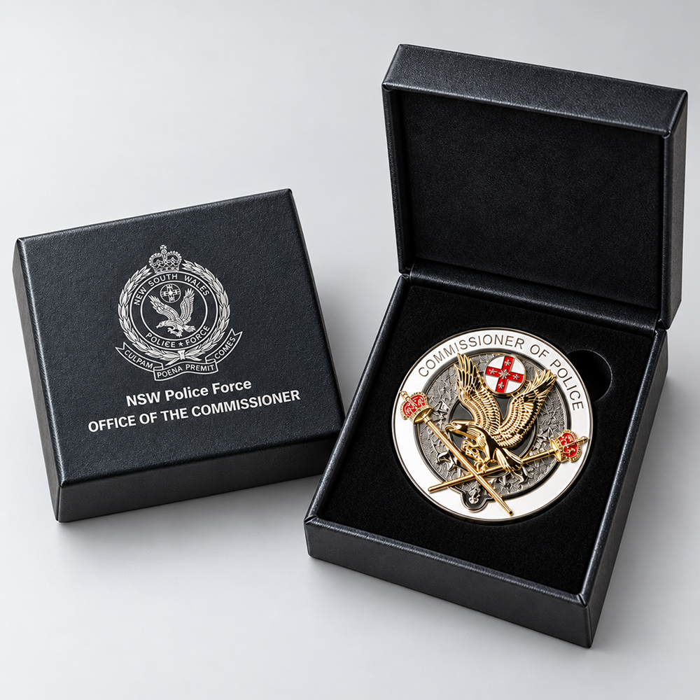 NSW Police Force custom challenge coin in presentation box